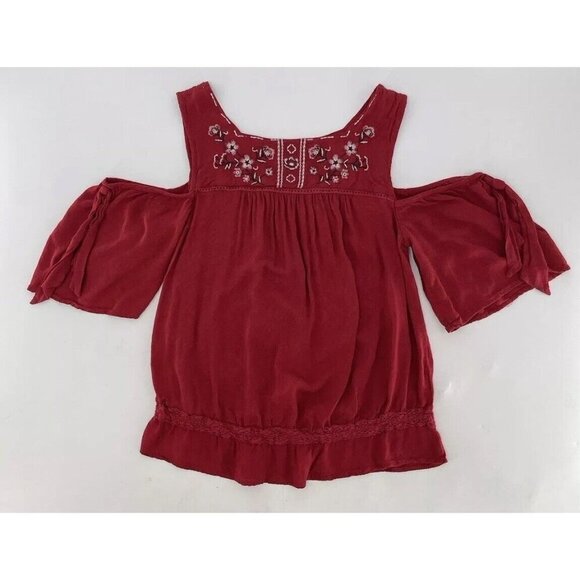 Knox Rose Women’s Red Embroidered Cold Shoulder Tie Sleeve Blouse Sz Small Boho - Picture 3 of 10